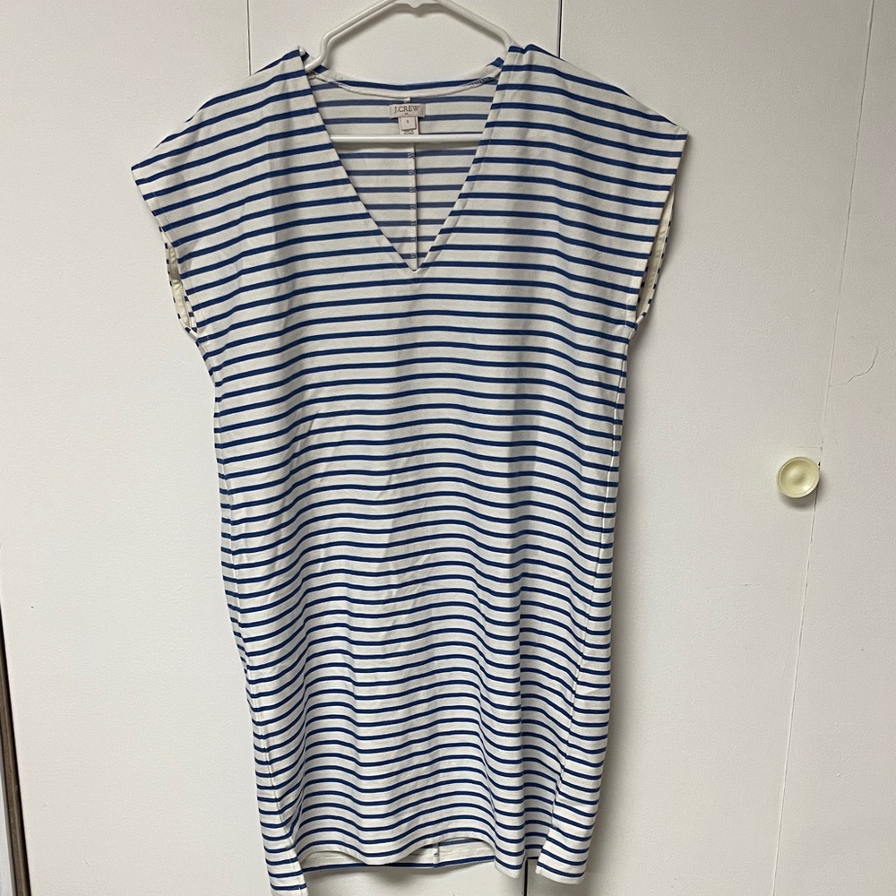 J. Crew Blue and White Striped V-Neck Dress